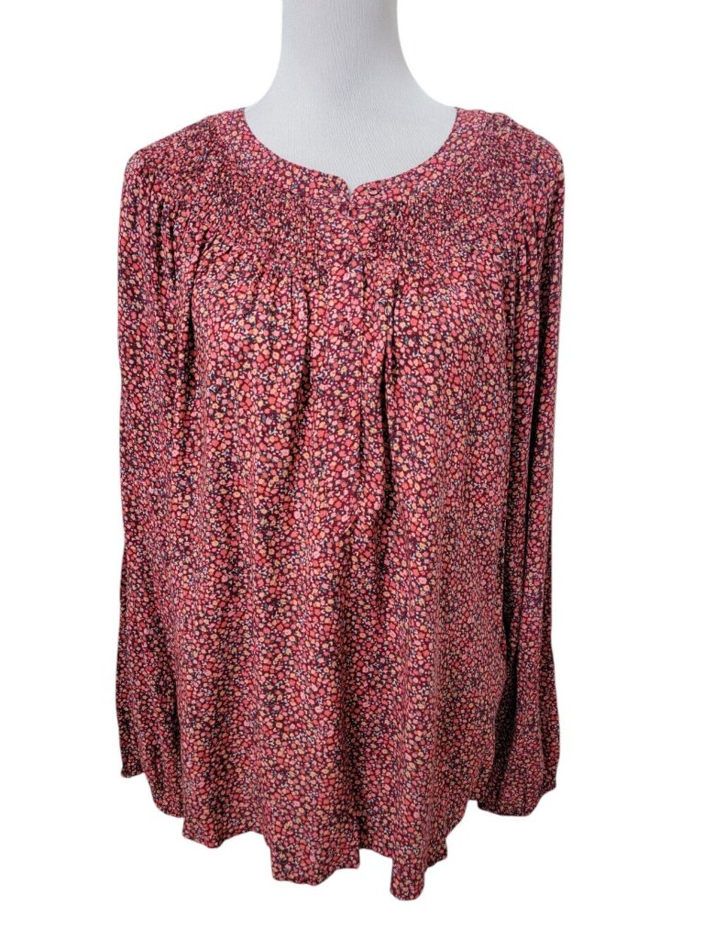 Croft & Barrow Size XXL Burgundy, Pink & Salmon Floral Smocked Peasant Blouse